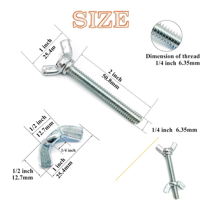 Matrelt 20 Pcs 1/4"-20 x2 Wing Screw Bolts and Wing Nut Kit Butterfly Screws and Nut with Hand Twist Tighten Wing Head Zinc Plated Hardware Fitting Fastenings Assortment Kit - Image 2